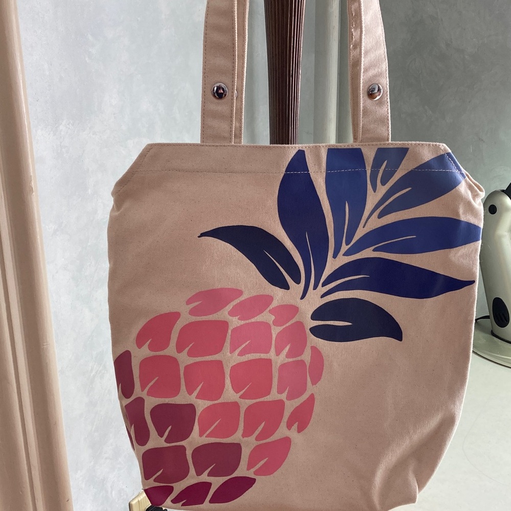 Tommy Bahama Tan Tote with Pink and Blue Pineapple Design
